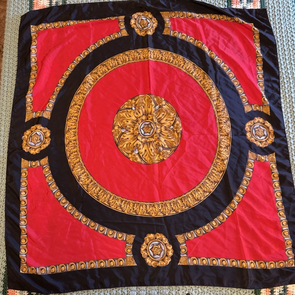 Woman's Head Handbag Or Accessory Scarf Large 33" X 34" Black Red Gold Silk Like